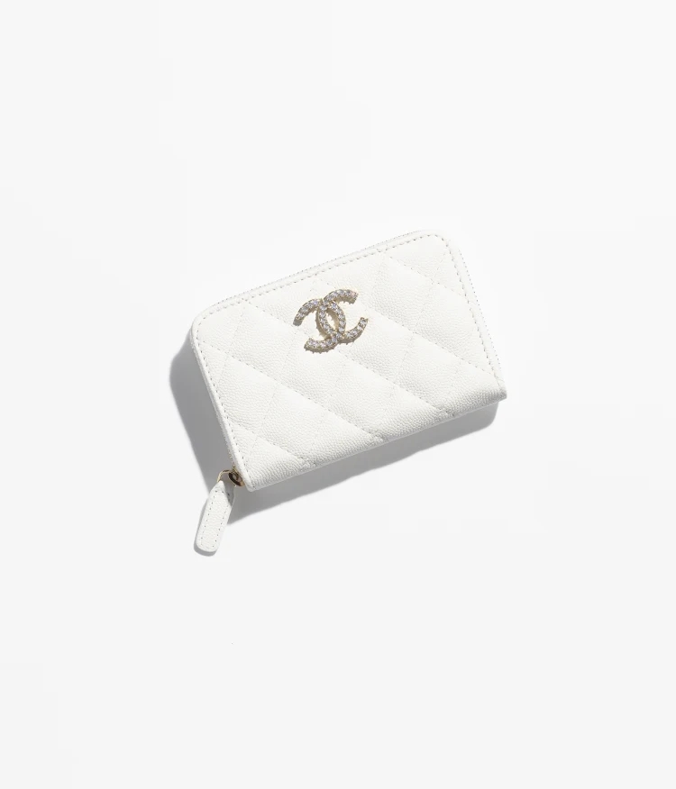 ZIPPED COIN PURSE Shiny Grained Calfskin, Strass & Gold-Tone Metal White
