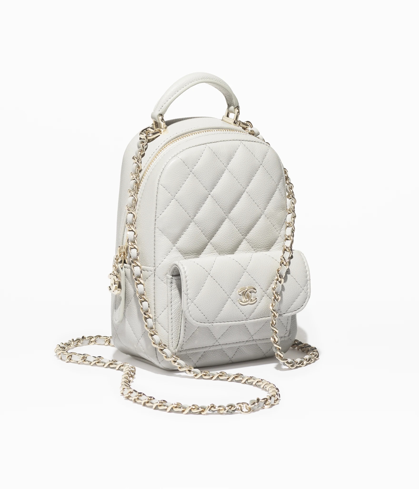 CLASSIC MINI BACKPACK Grained Shiny Calfskin & Gold-Tone Metal Light Gray
