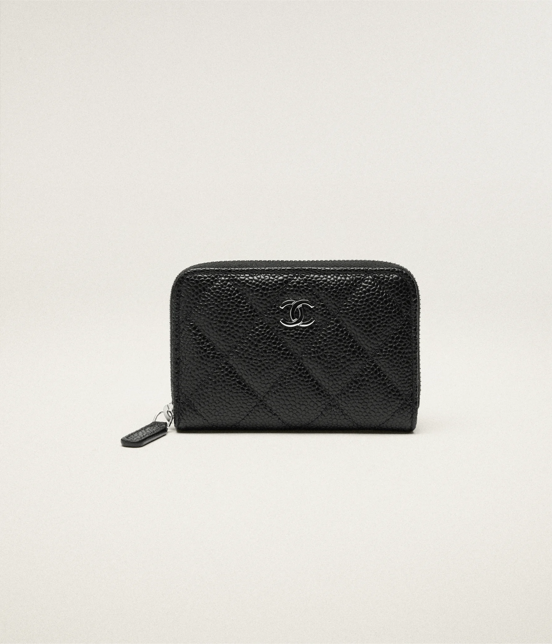 Classic Zipped Coin Purse Grained Calfskin & Silver-Tone Metal Black